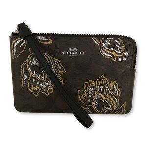 Coach Brown Signature Tulip Floral Corner Zip Wristlet